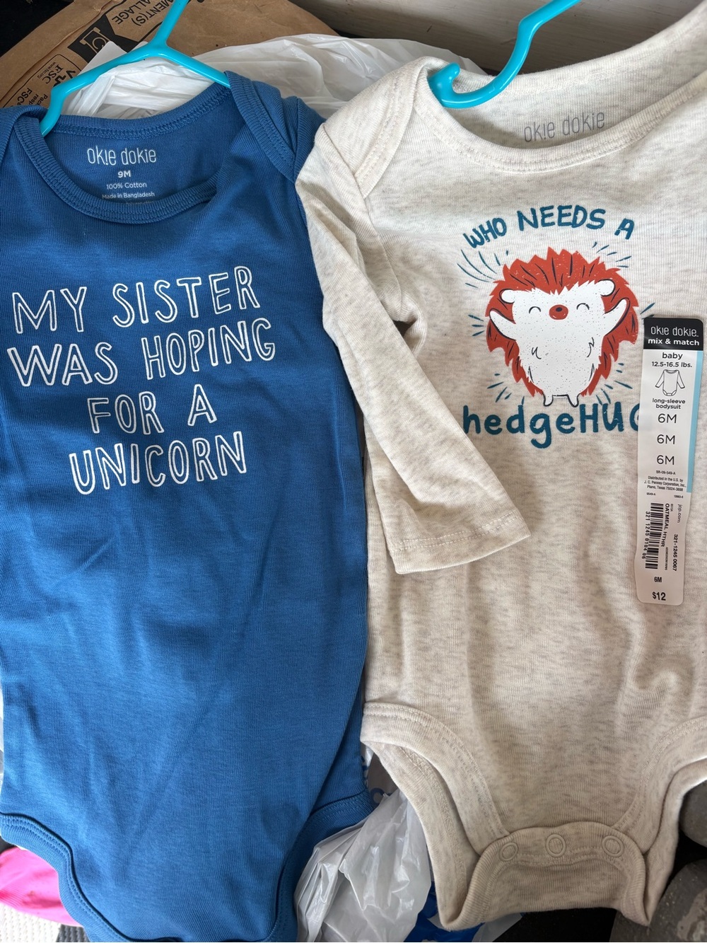 okie dokie Blue & Cream Baby One-Piece Bodysuits with Text and Hedgehog Graphic